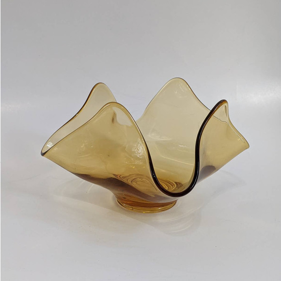 Vintage MCM Amber Ruffled Handkerchief Glass Bowl, Mid Century Decor Art Glass - Picture 2 of 10